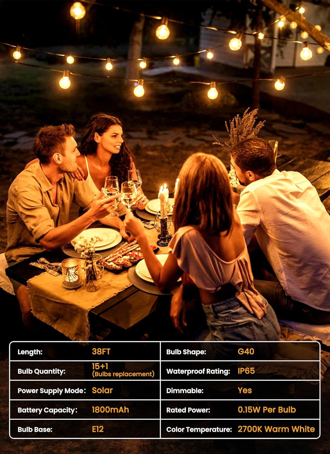 Brightown 38FT 16 LED Solar String Lights Outdoor, 20h+ Runtime